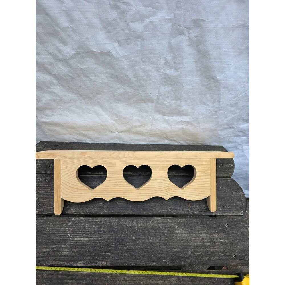 Vtg Unfinished Pine Wall Shelf Cutout Hearts Shaker Peg Rack Country 22